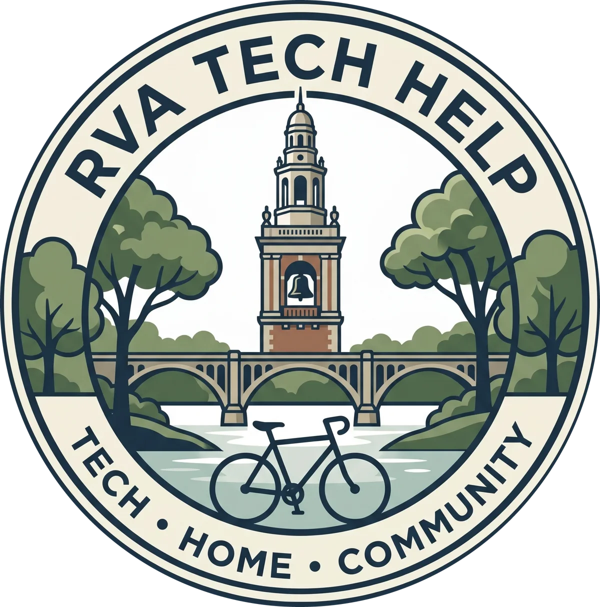 RVA Tech Help badge — the Carillon, Nickel Bridge, James River, and a bicycle
