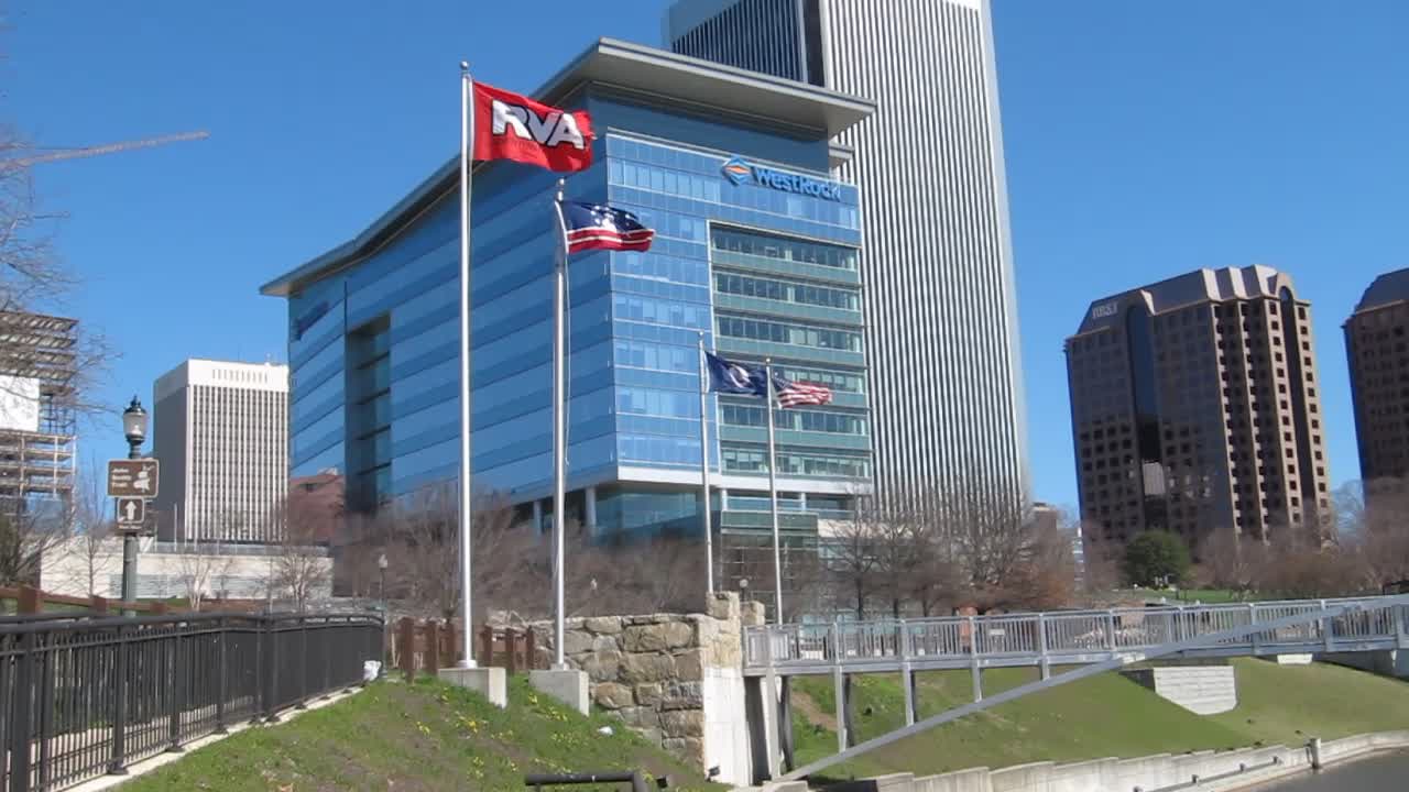 "RVA Downtown" and other flags at Brown's Island, on a very windy day