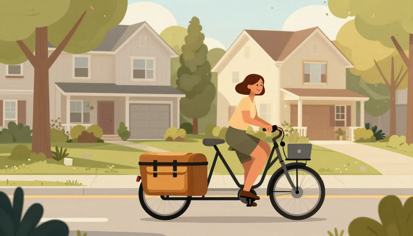 Johanna riding her e-bike through a Richmond neighborhood