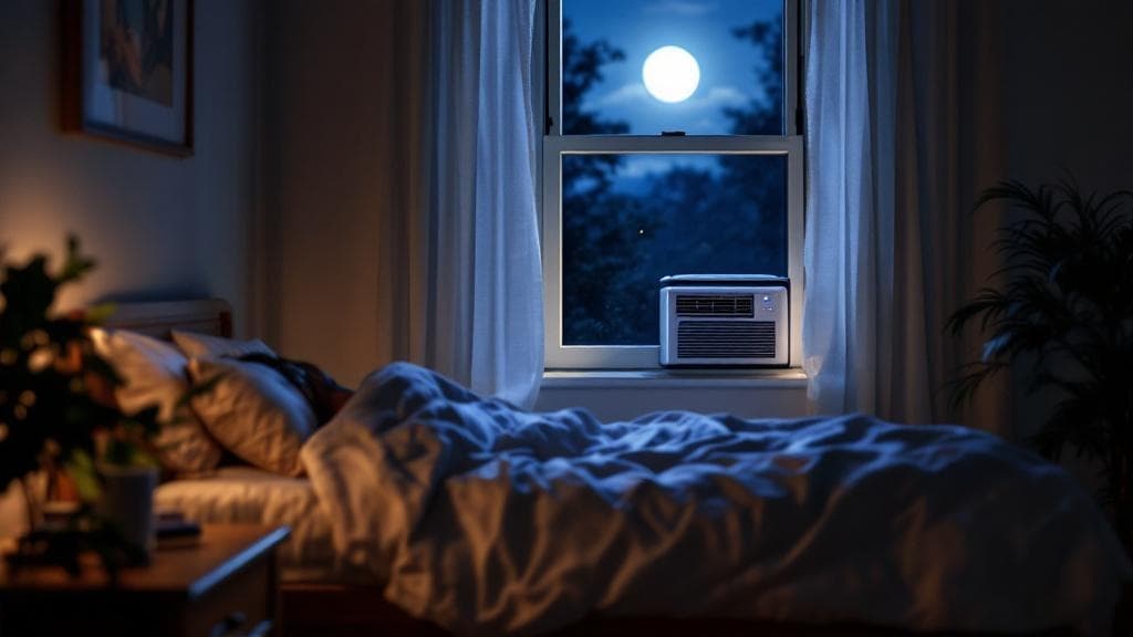 A peaceful Richmond bedroom at night with a small window air conditioning unit humming in the window and a person sleeping comfortably under a thin sheet.